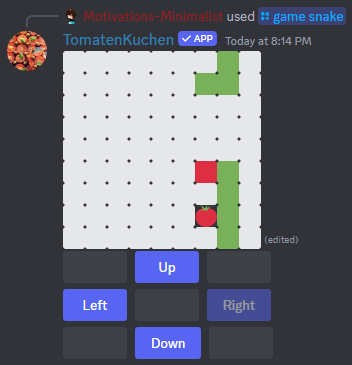Currently running snake game on Discord, with buttons to control the snake