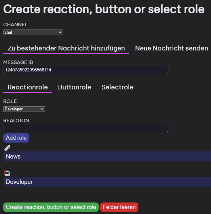 Setupdialog, wenn eine Reaction-, Button- oder Selectrole im Dashboard erstellt wird